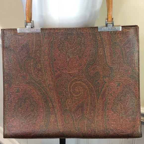 W ETRO Red Paisley Vachetta Leather Two Strap Snap Tote Shopper Shoulder Bag - Picture 15 of 17